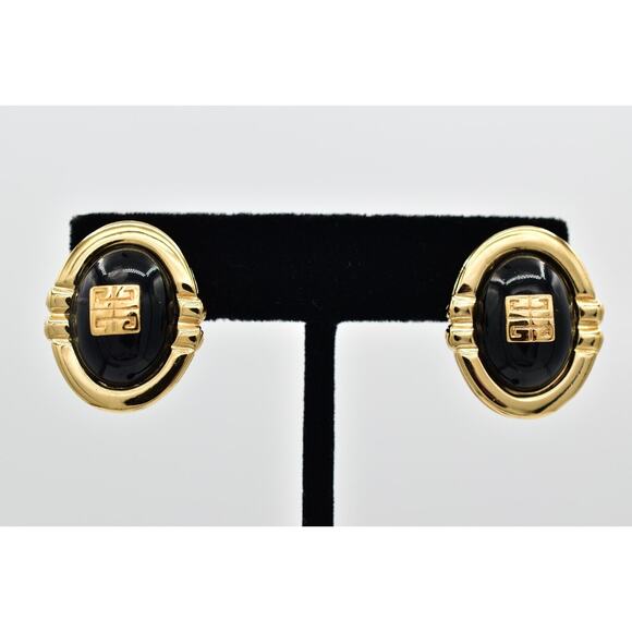 Givenchy Vintage Logo Clip On Earrings 4G Gold Black Oval Chunky Signed BinAG - Picture 1 of 12
